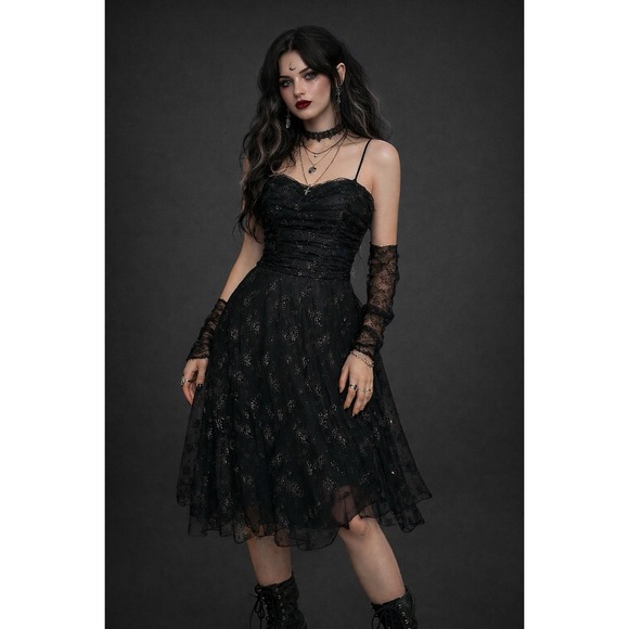 B. Darlin Dresses & Skirts - B Darlin Black Mesh Midi Dress 3/4 Ruched Sparkle Fairy Grunge Whimsigoth Party